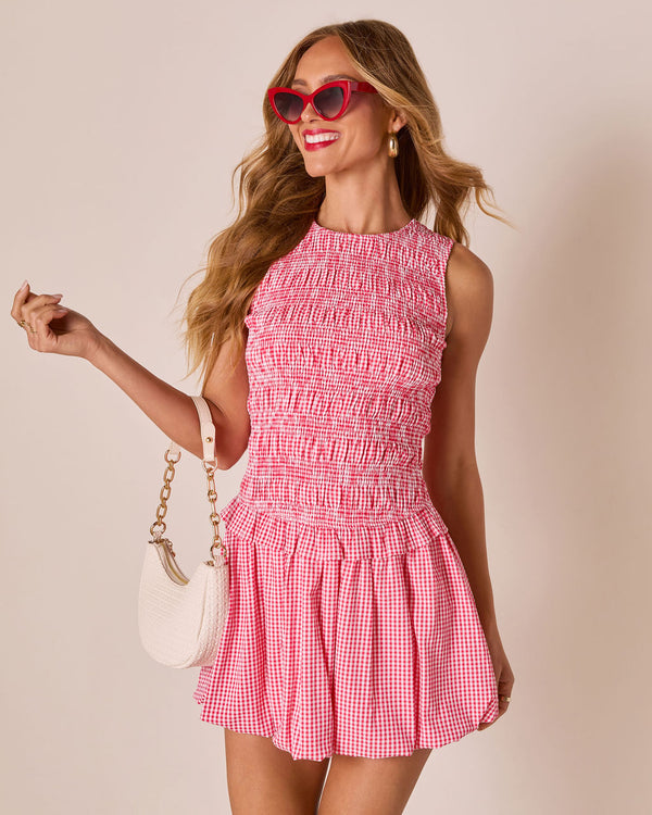 Lilianne Gingham Bubble Hem Mini Dress Red