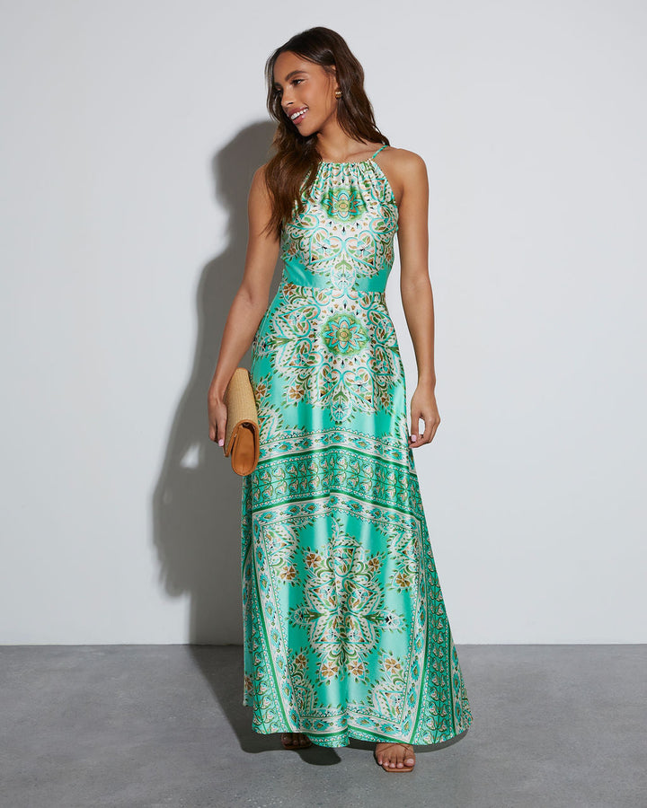 Gayle Satin Printed Maxi Dress Mint Multi