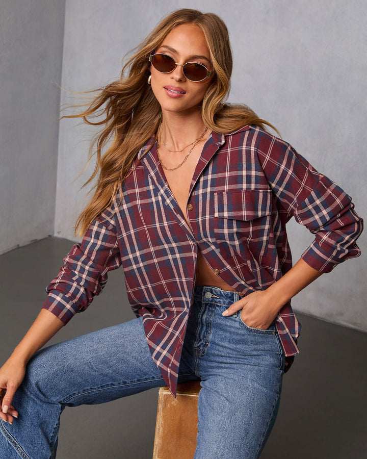 English Ivy Plaid Button Down Top Burgundy Plaid