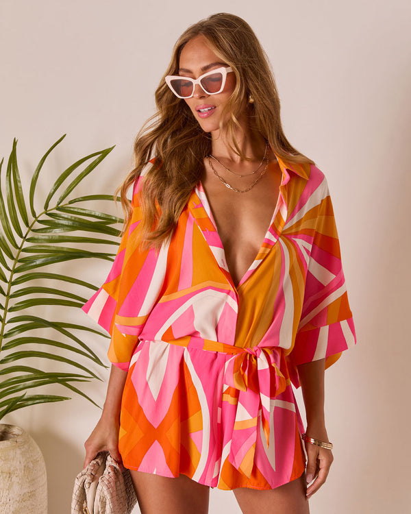 Glow Hour Waist Tie Romper Orange Multi