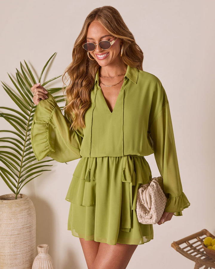 Odessi Tiered Waist Tie Mini Dress Lime