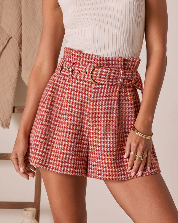 For The Record Houndstooth Belted Shorts Red Check