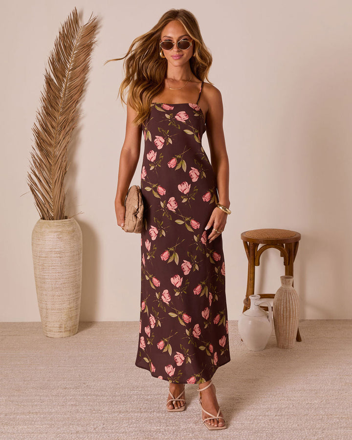 Picking Petals Satin Floral Maxi Dress Brown Floral