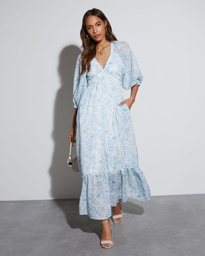 Bailey Long Sleeve Floral Maxi Dress Ivory Blue