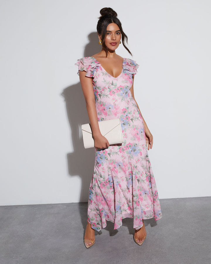 Orchard Floral Ruffle Sleeve Maxi Dress Pink