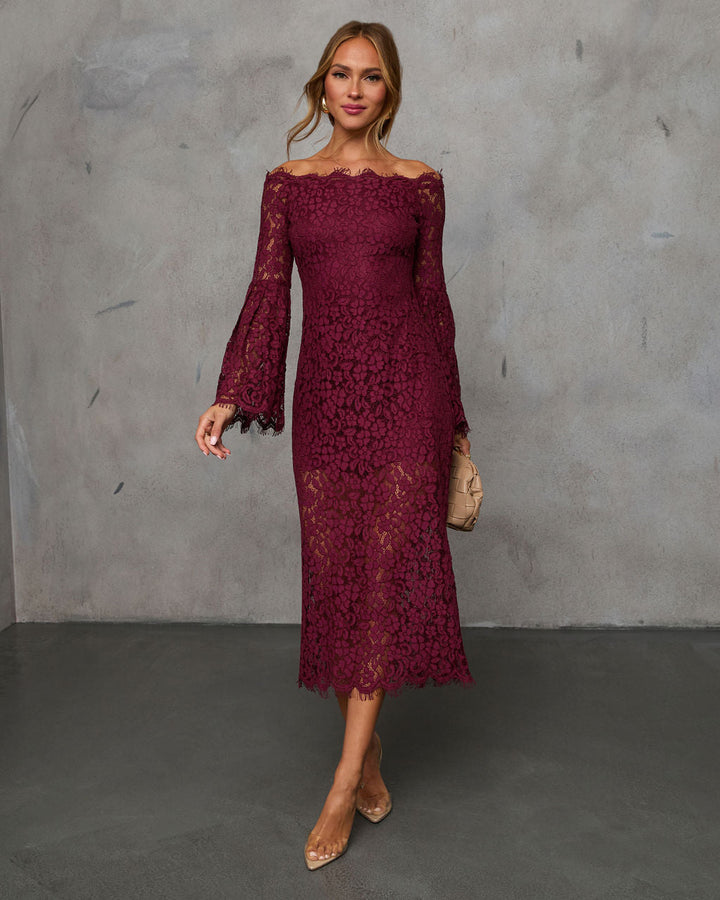 On Your Mind Off Shoulder Lace Midi Dress Burgundy