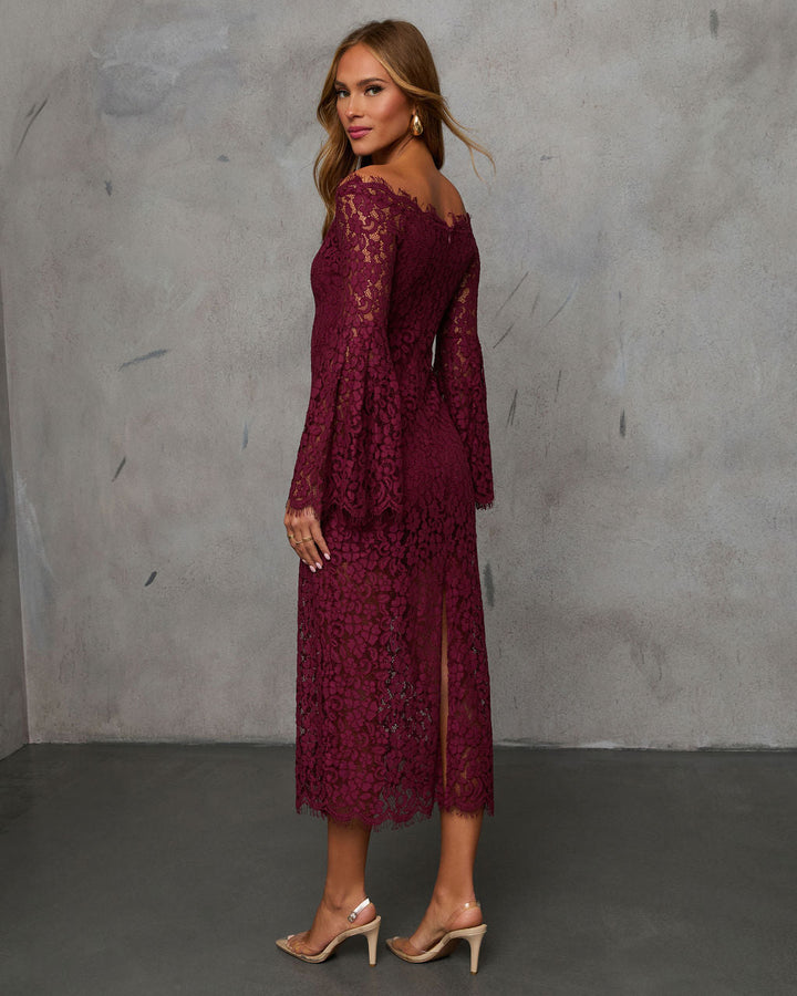 On Your Mind Off Shoulder Lace Midi Dress