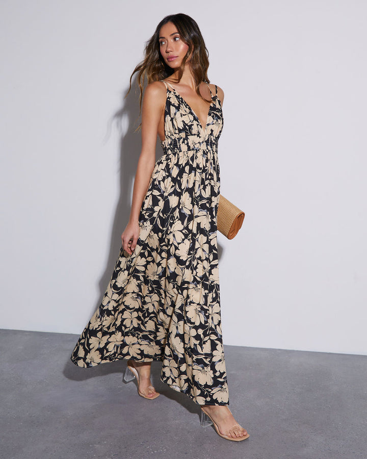 Ethereal Muse V-Neck Floral Maxi Dress Black