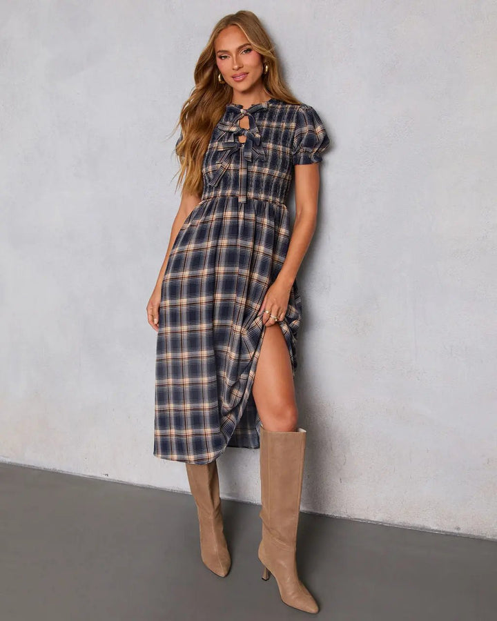 Charlisa Plaid Puff Sleeve Midi Dress Navy Plaid