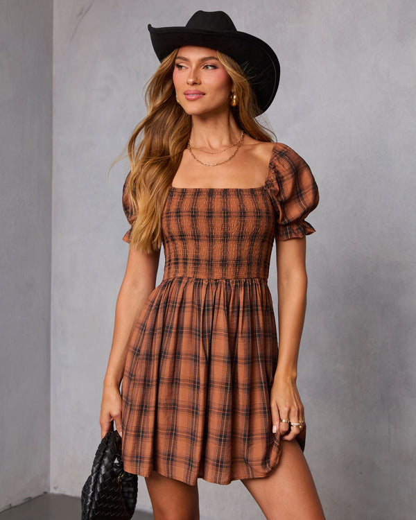 Heritage Plaid Smocked Mini Dress Rust Plaid