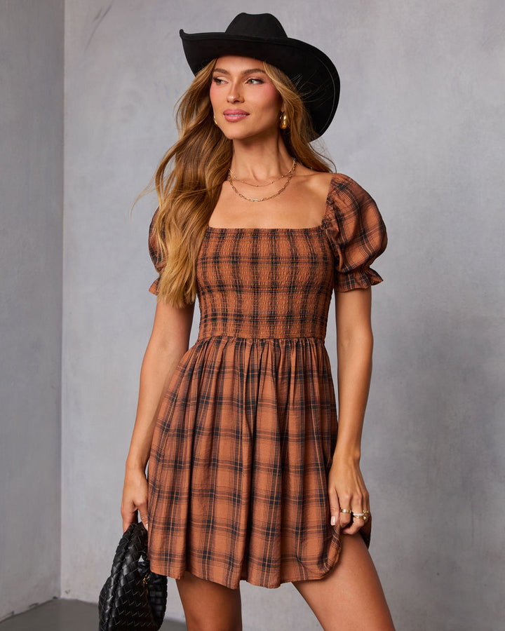 Heritage Plaid Smocked Mini Dress Rust Plaid