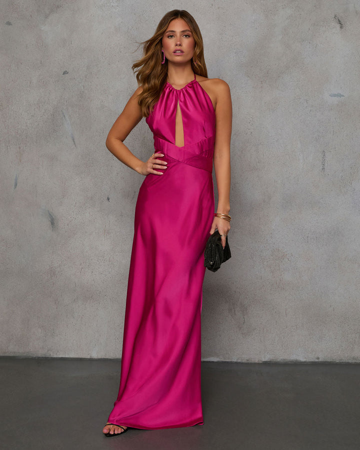 Adelynn Satin Halter Maxi Dress Magenta