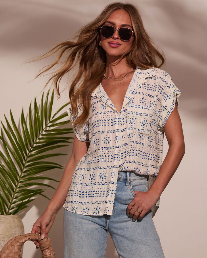Mistie Abstract Button Down Top Ivory Blue