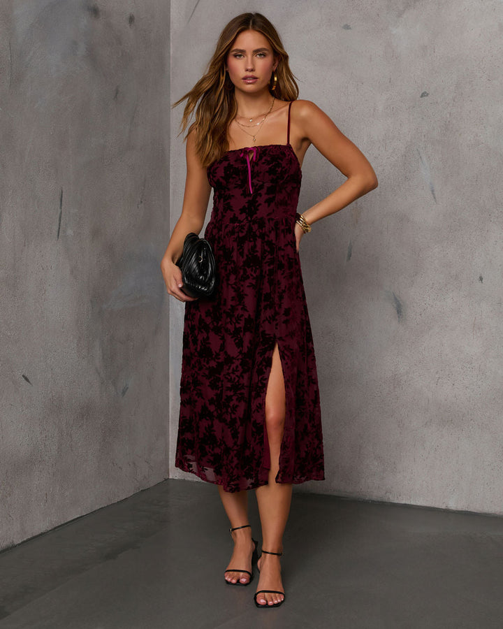Only Yours Mesh Burnout Velvet Midi Dress Wine
