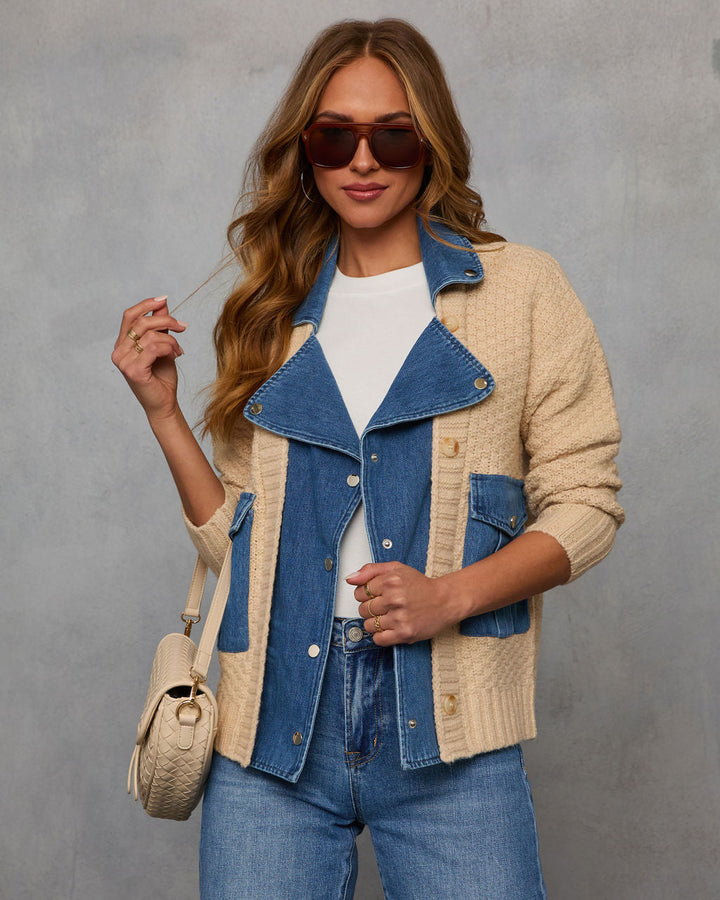 Play It Cool Twofer Moto Jacket Taupe Denim