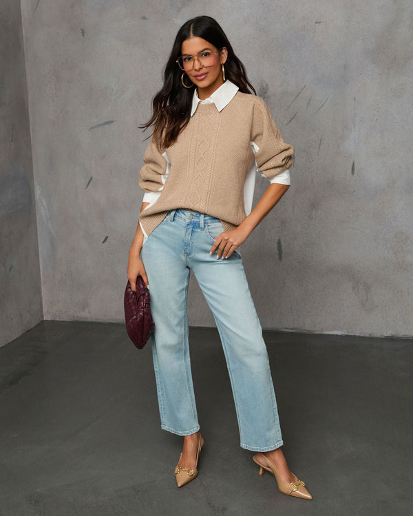 Keeping It Preppy Collared Twofer Layered Sweater Taupe
