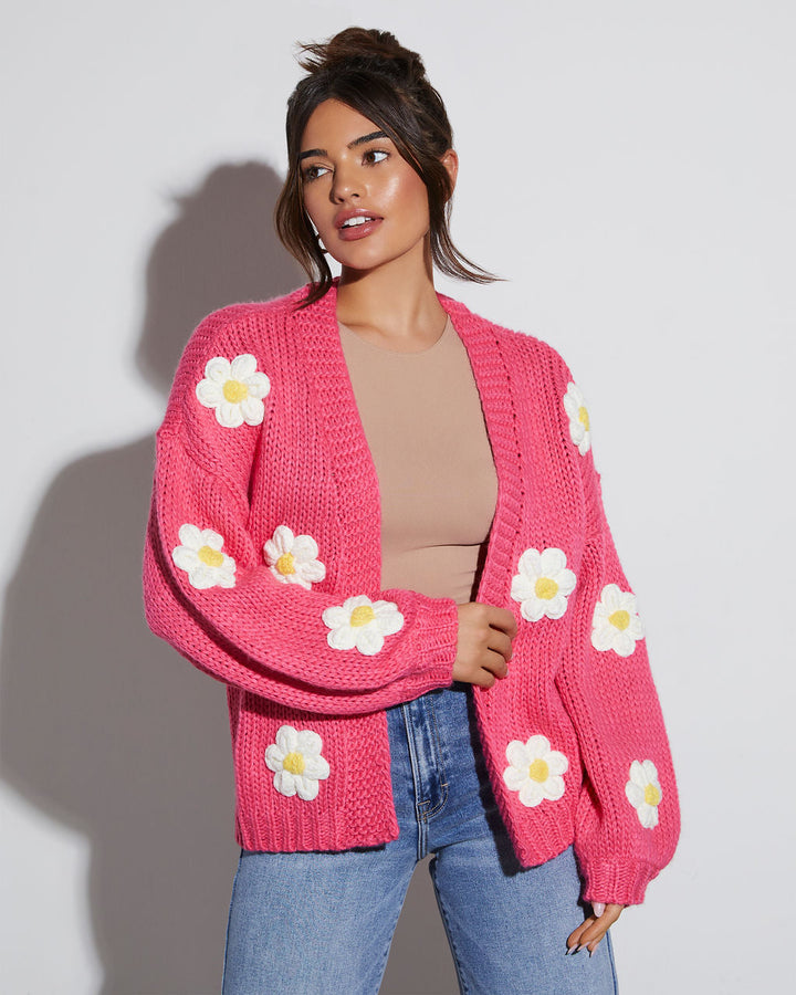 Fallen Daisy Oversized Knit Cardigan Bright Pink