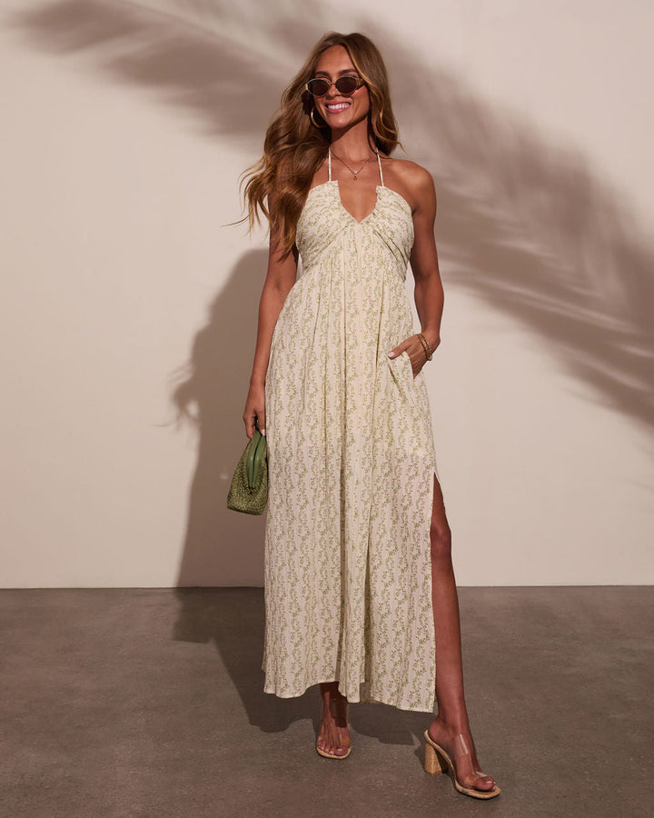 Honolulu Halter Tropical Print Maxi Dress Cream Pistachio