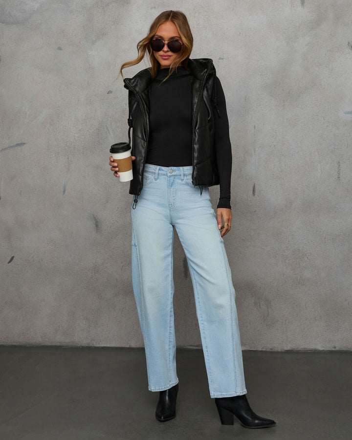 Shelton Pocketed Hooded Faux Leather Puffer Vest