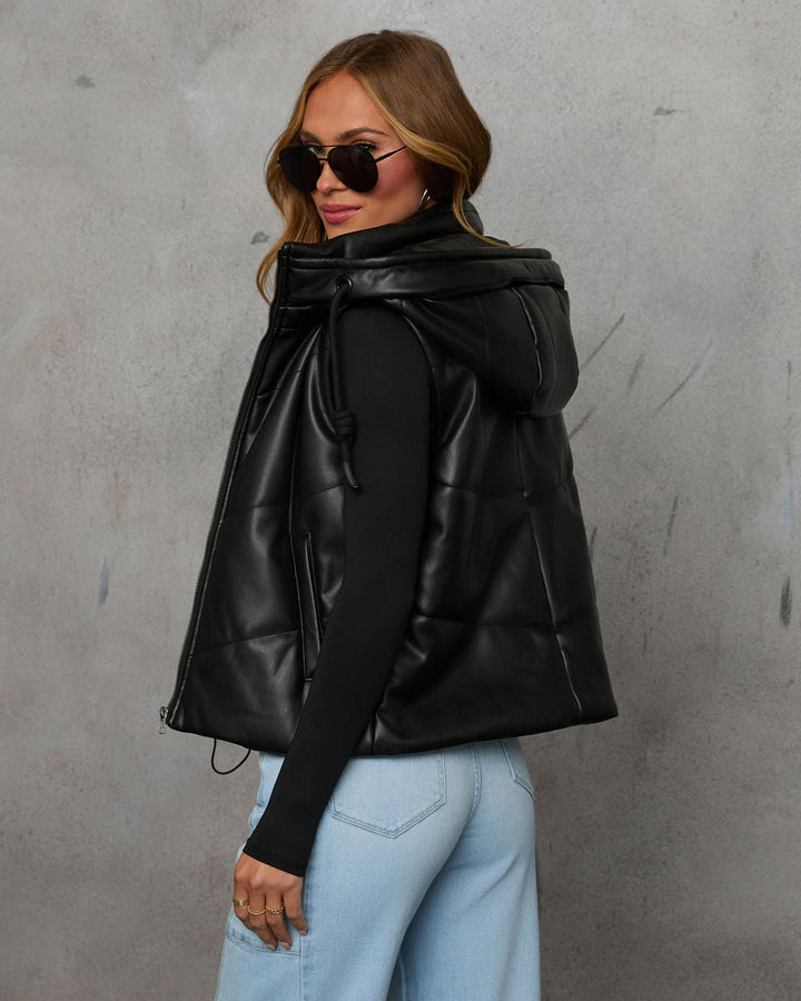 Shelton Pocketed Hooded Faux Leather Puffer Vest