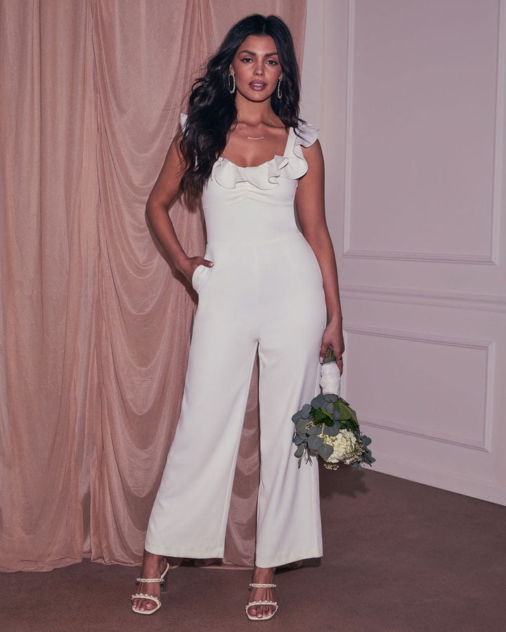 Love Lasts Ruffled Neckline Jumpsuit White