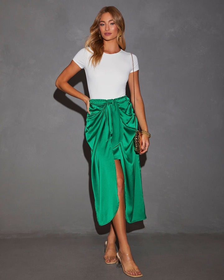 Tea Time Satin Bow-Tie Midi Skirt Kelly Green