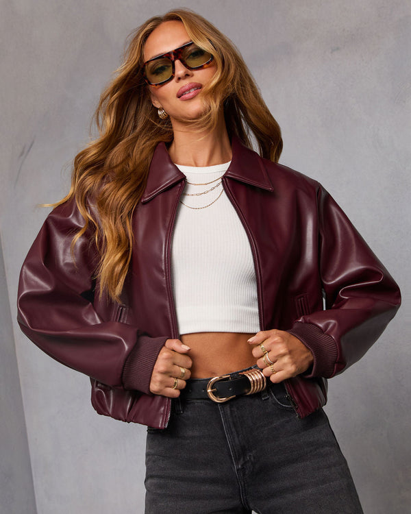 Laiken Cropped Leather Bomber Jacket Wine