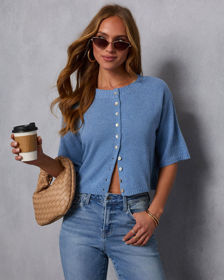 Chic Escape Button Detail Short Sleeve Cardigan Blue