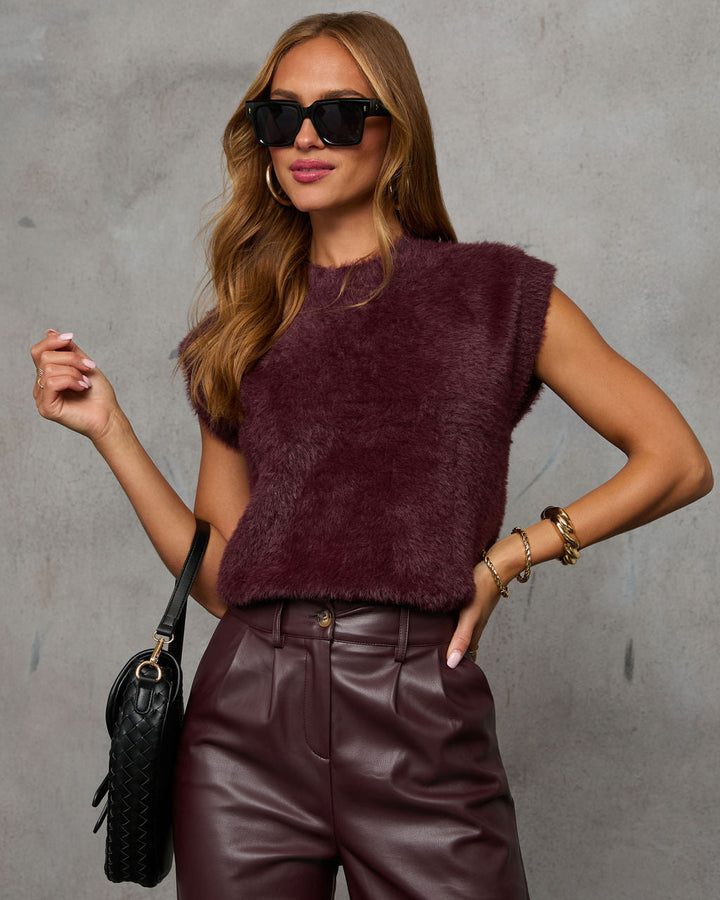 Becka Fuzzy Knit Sleeveless Sweater Top Dark Brown
