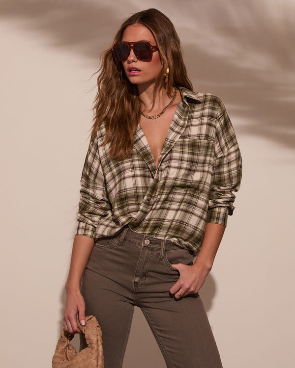 Silvie Plaid Button Down Top Olive Multi