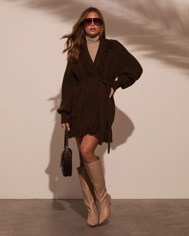 Hideaway With Me Fringe Waist Tie Cardigan Charcoal
