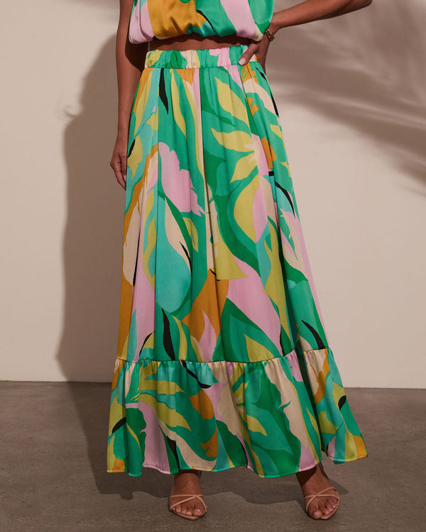 Serene Shores Tiered Floral Maxi Skirt Green