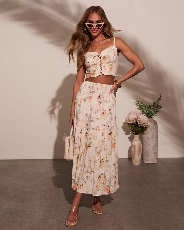 Sightseer Tiered Floral Maxi Skirt Sand Beige Light Blue
