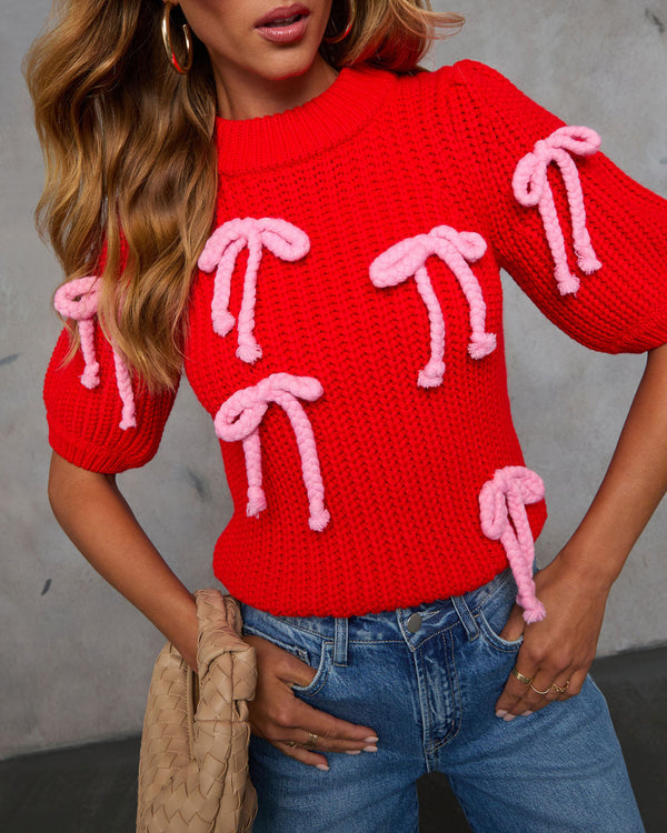 Tied Down Bow Embellished Sweater Red
