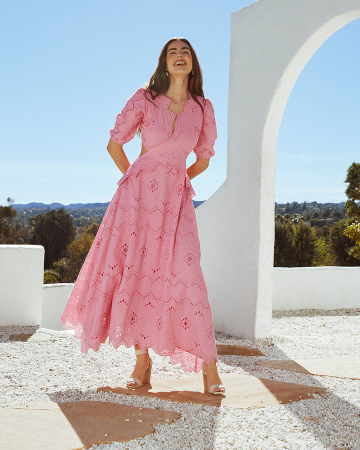 Anisa Eyelet Puff Sleeve Cutout Maxi Dress Barbie Pink