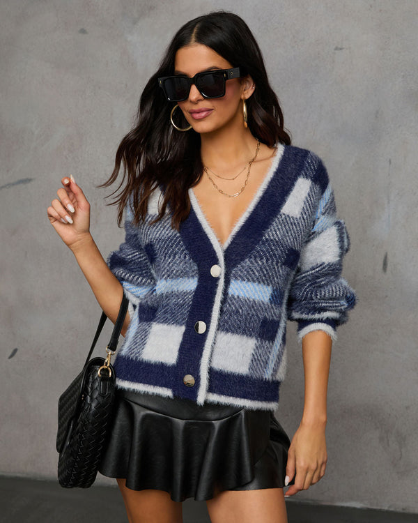 Taylor Plaid Fuzzy Knit Cardigan Navy