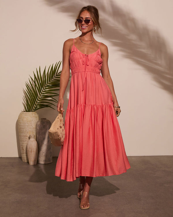 Riviera Romance Ruched Tiered Midi Dress Coral