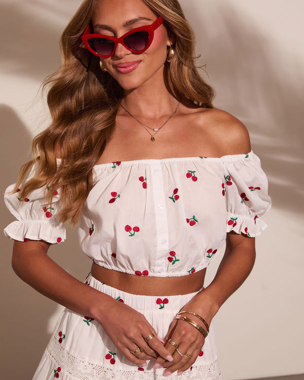 Celinea Cherry Print Off The Shoulder Top White Red