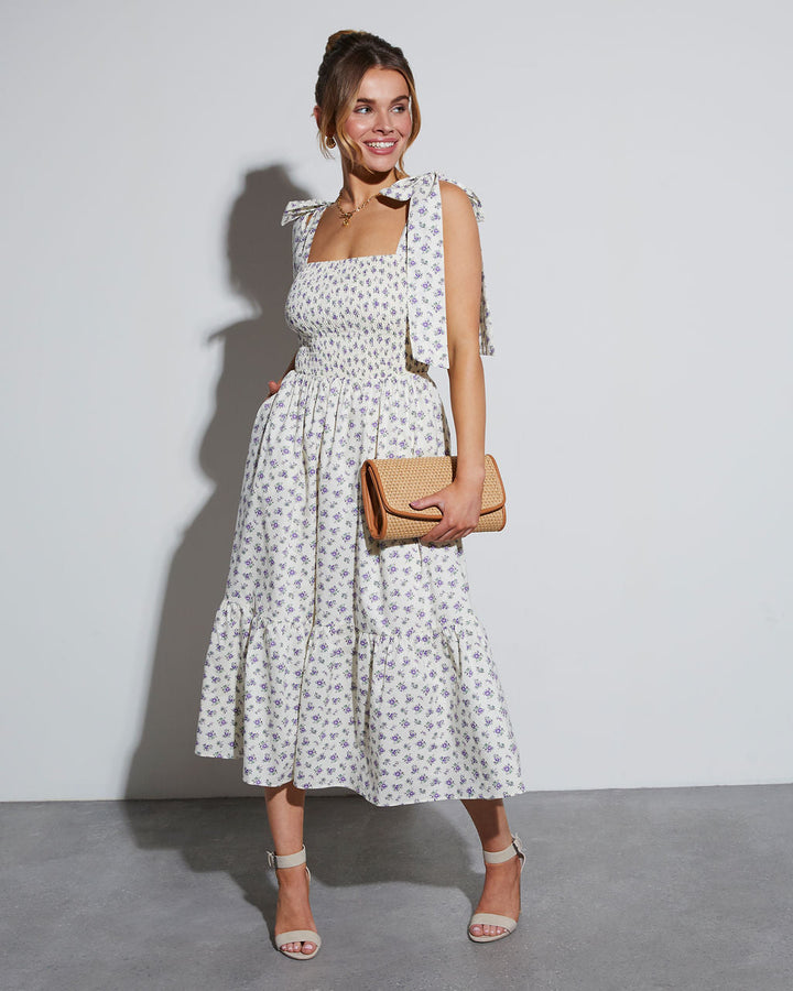 Josephina Floral Tie Strap Midi Dress Cream