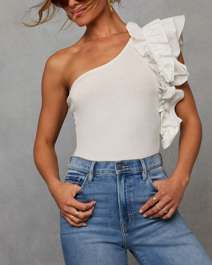 Statement Maker Ribbed One Shoulder Ruffle Bodysuit White