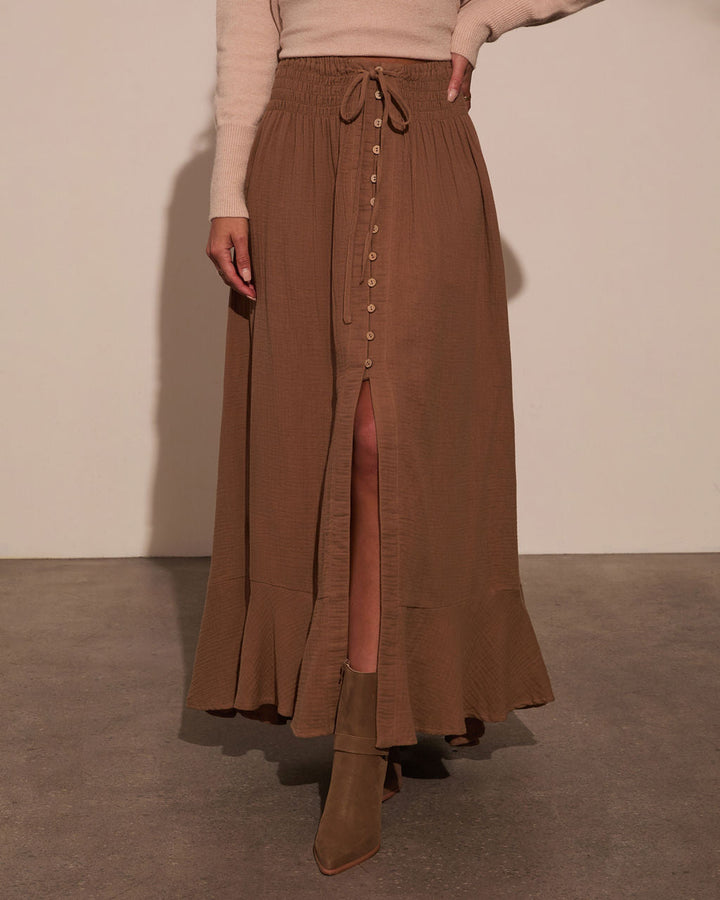 Serves Up Tie Waist Button Down Maxi Skirt Espresso