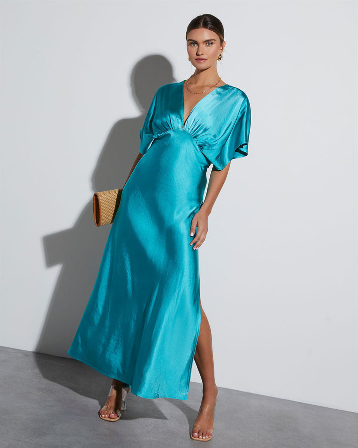 Theia Satin V-Neck Maxi Dress