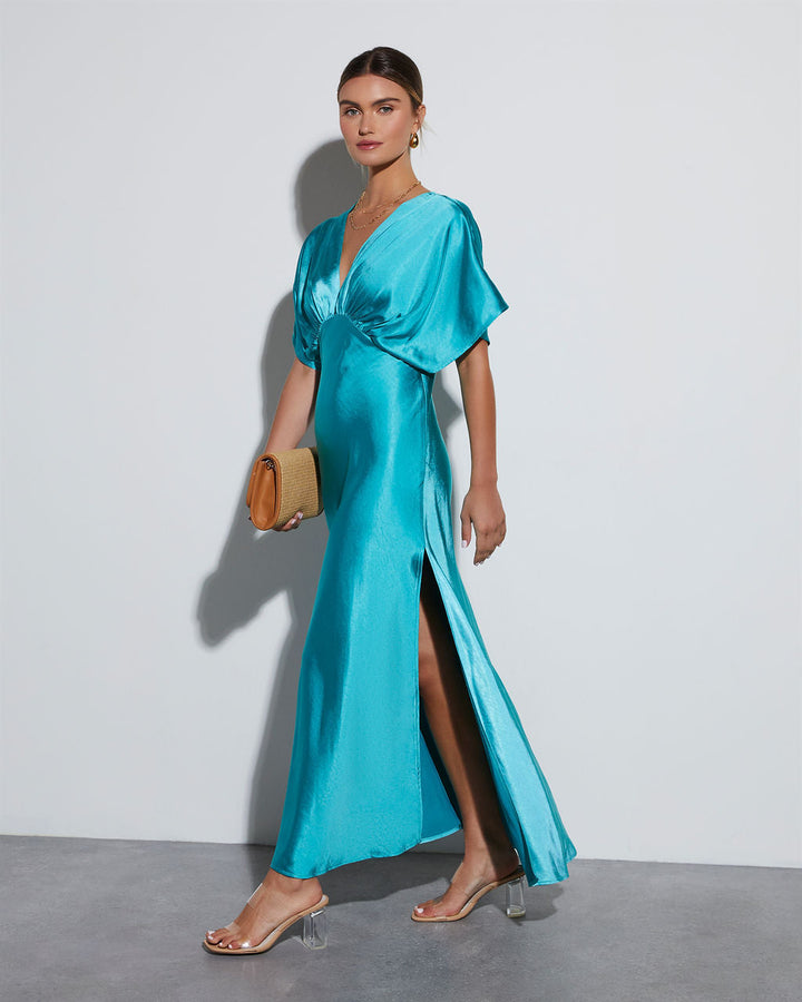 Theia Satin V-Neck Maxi Dress Blue