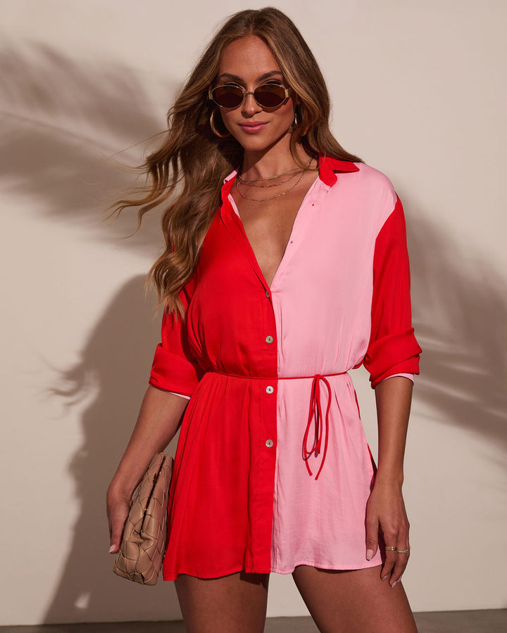 Laine Waist Tie Colorblock Romper Soft Pink Orange