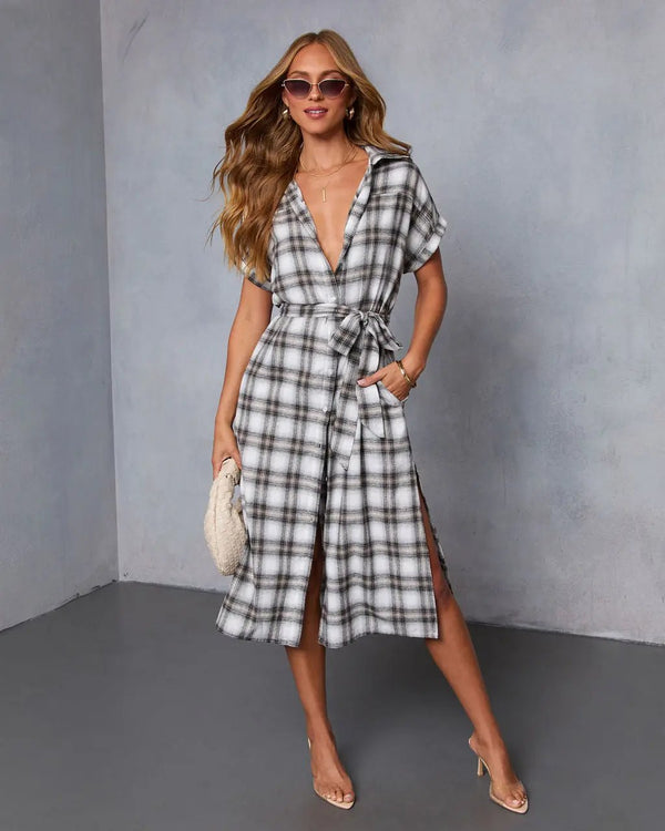 Janai Plaid Waist Tie Midi Shirt Dress Ivory Black