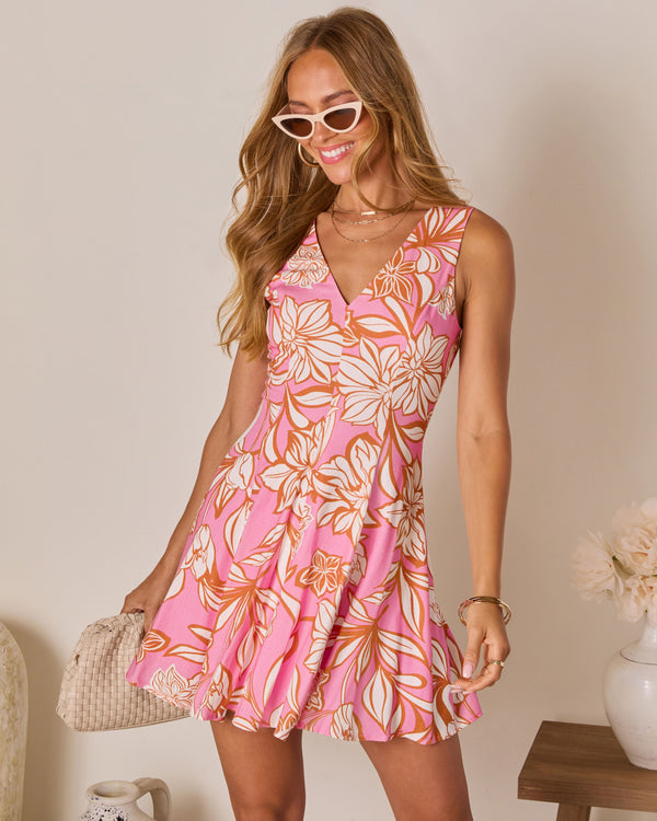 Blissful Garden Fit And Flare Mini Dress Pink Tropical