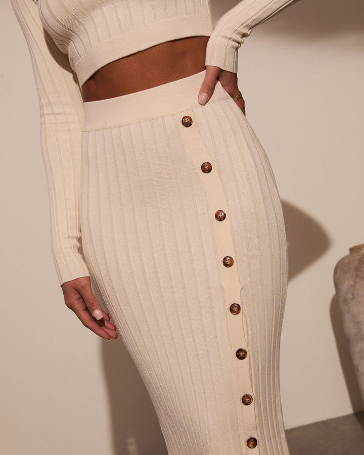 Morning Tide Ribbed Side Button Maxi Skirt