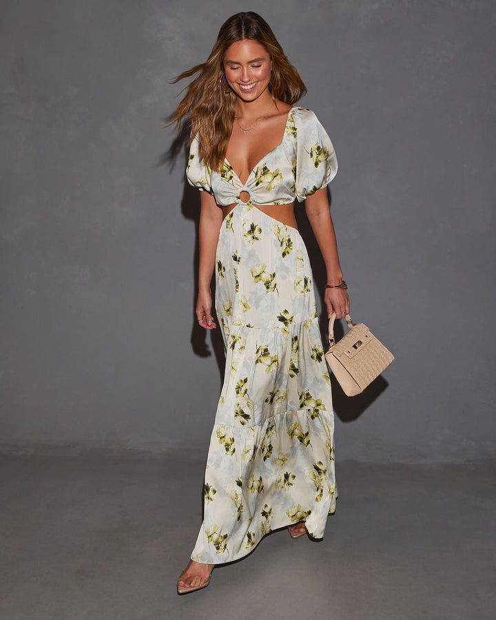 Cambria Satin Floral Puff Sleeve Maxi Dress Green Multi