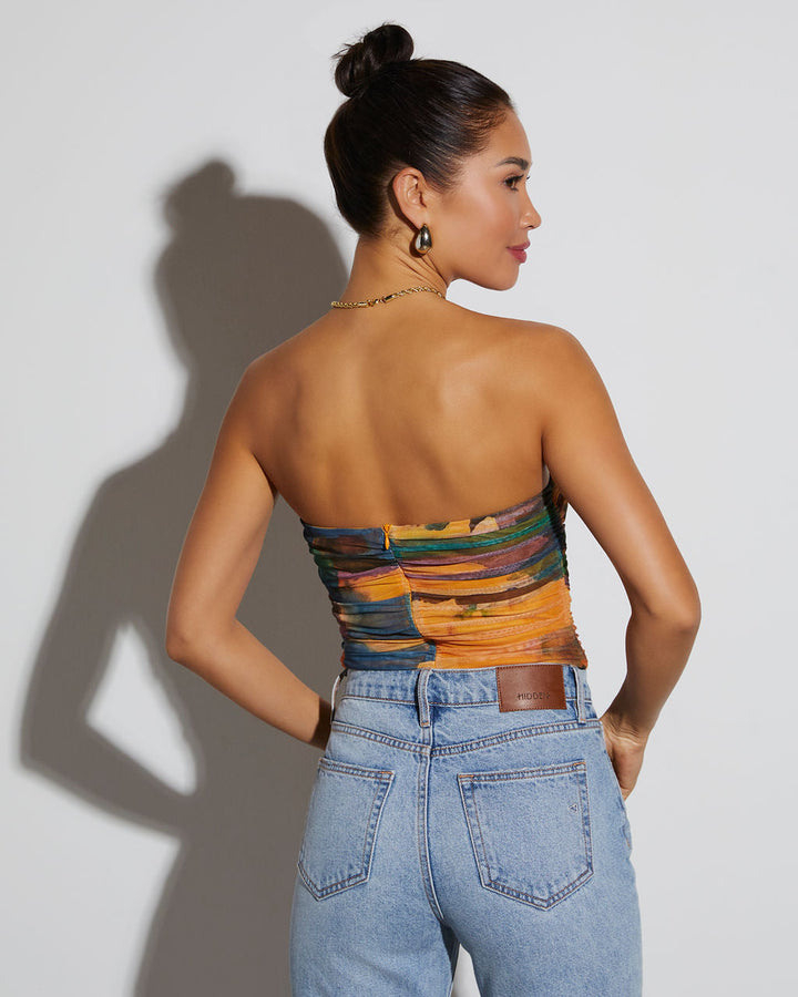 Jazlynn Printed Strapless Ruched Cutout Bodysuit