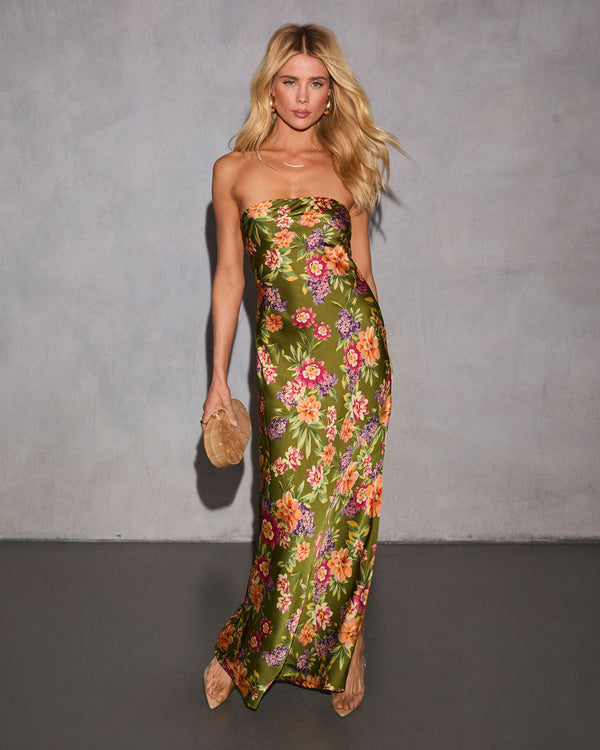 Selina Abstract Strapless Maxi Dress Green Floral